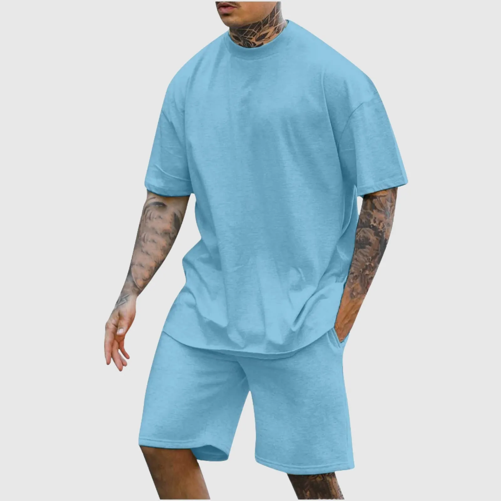 Men's Casual Comfortable Round Neck Drop Shoulder Short Sleeved T-shirt and Shorts Two-piece Outfit Set