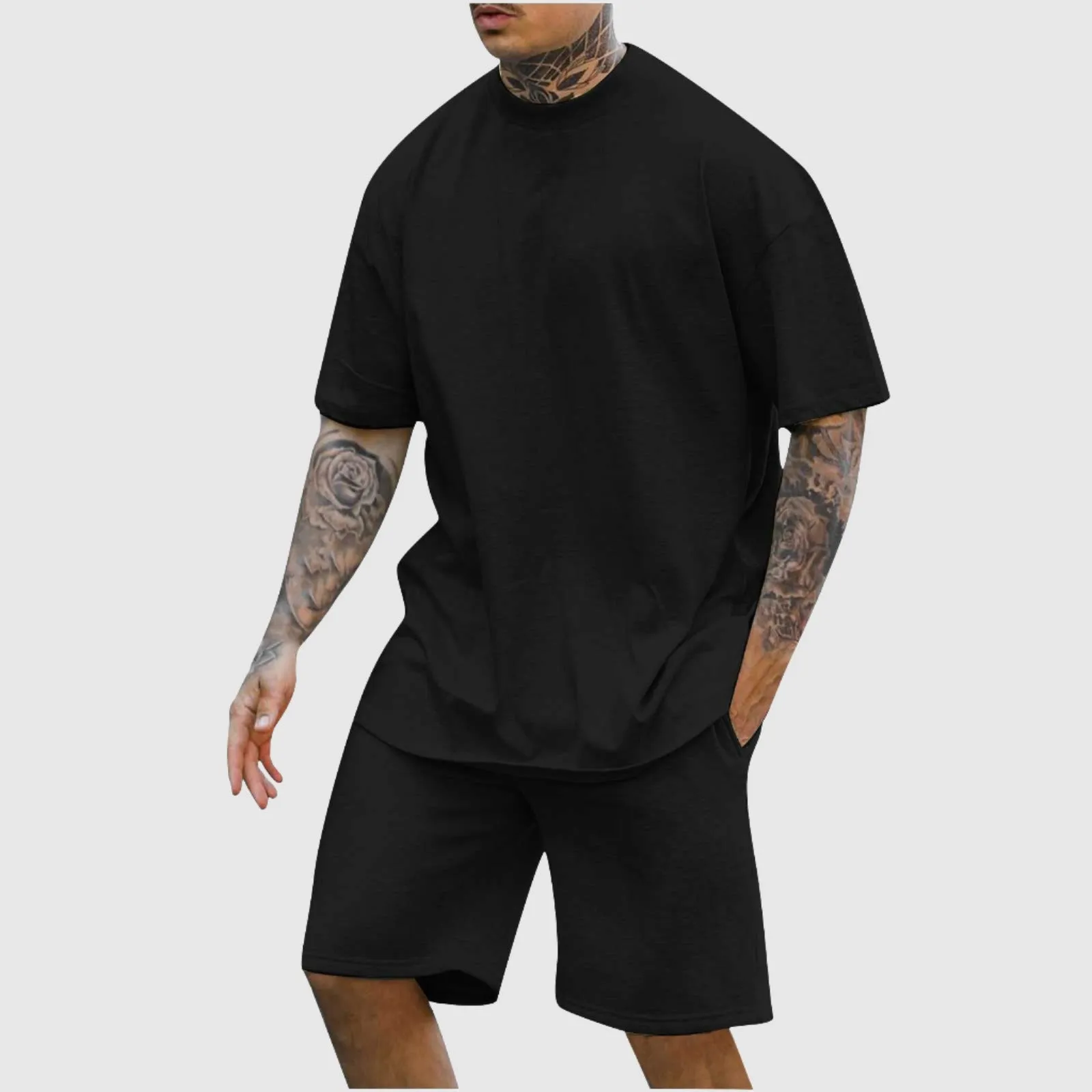 Men's Casual Comfortable Round Neck Drop Shoulder Short Sleeved T-shirt and Shorts Two-piece Outfit Set