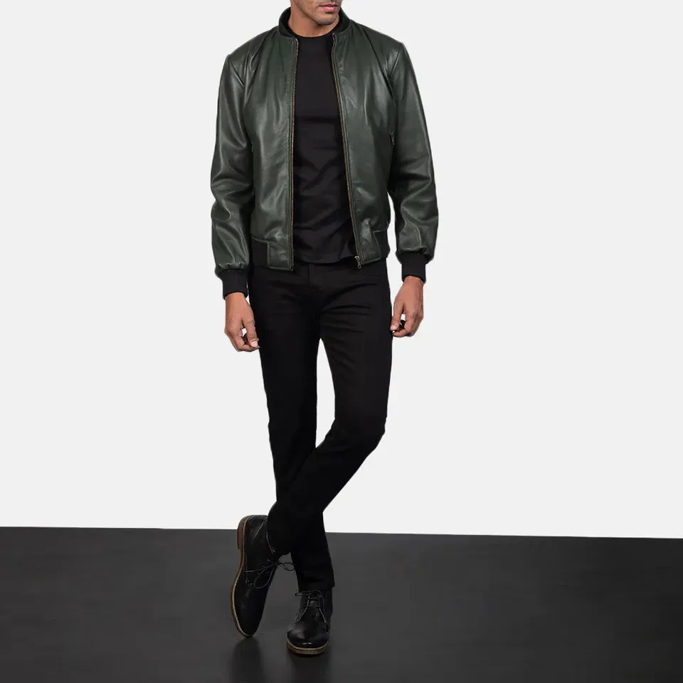 Mens Olive Green Leather Bomber Jacket