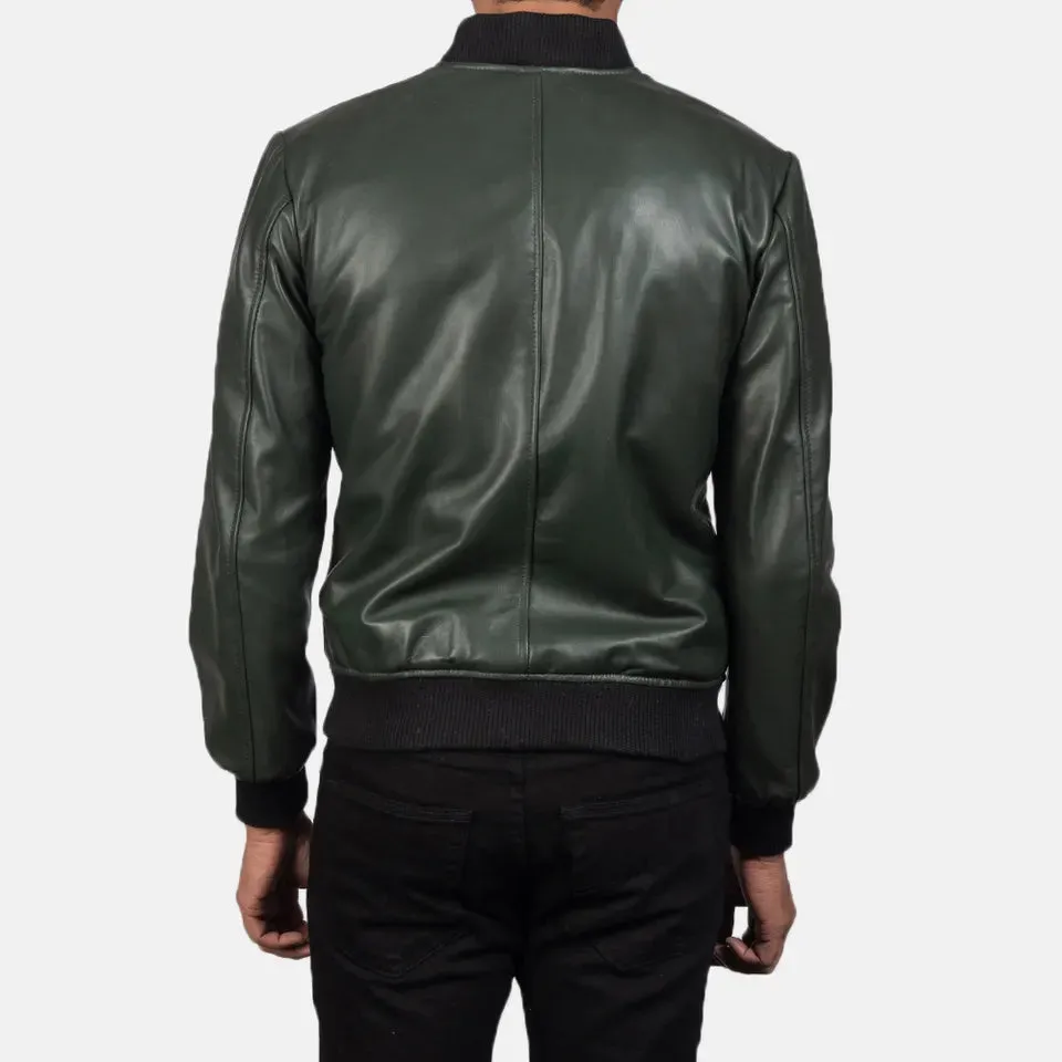 Mens Olive Green Leather Bomber Jacket