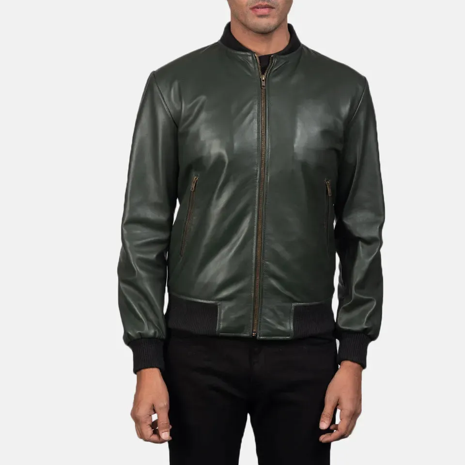 Mens Olive Green Leather Bomber Jacket