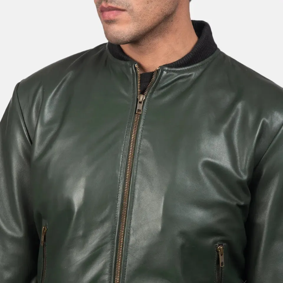 Mens Olive Green Leather Bomber Jacket