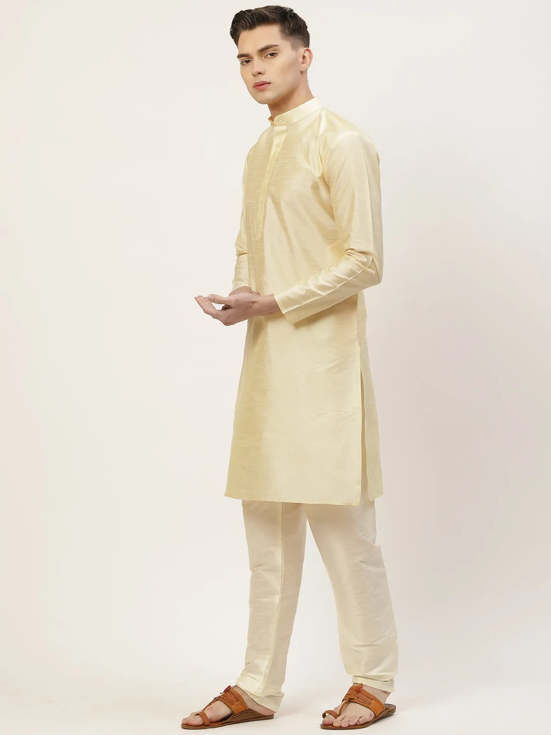 Men's Solid Kurta Pyjama With Floral Navy Printed Nehru Jacket