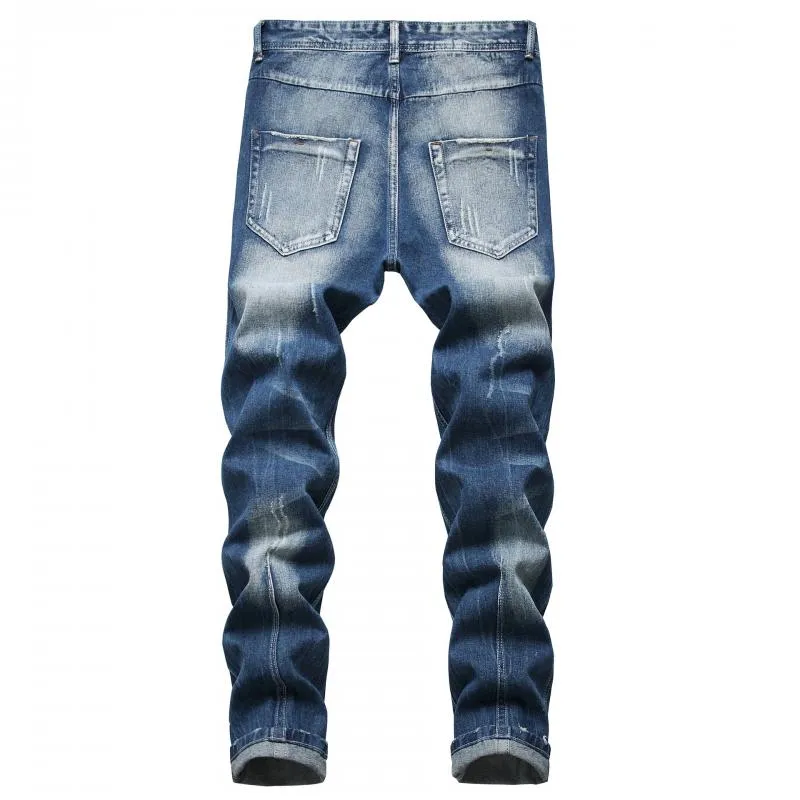 Men's Straight-leg Slim-fit Ripped Cotton Button-down Denim Trousers 12059426L