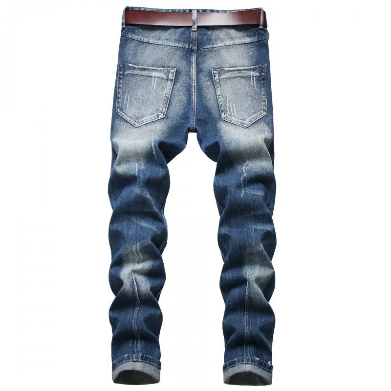 Men's Straight-leg Slim-fit Ripped Cotton Button-down Denim Trousers 12059426L