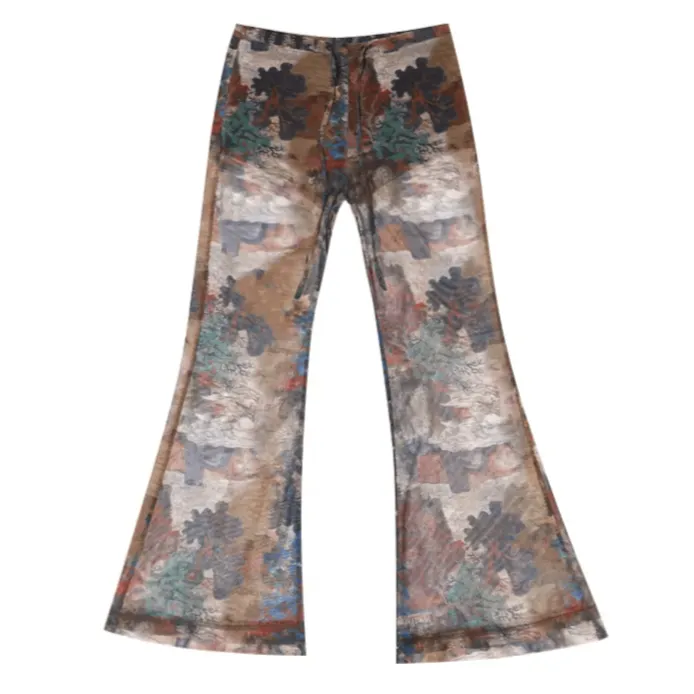 Mesh Abstract Art Print Boho Flared Pants