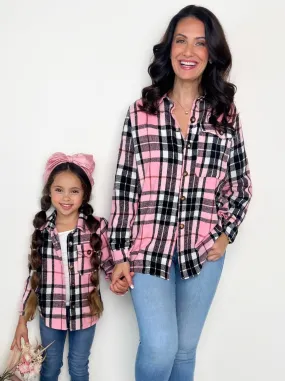 Mommy and Me Pink and Black Plaid Flannel Shacket