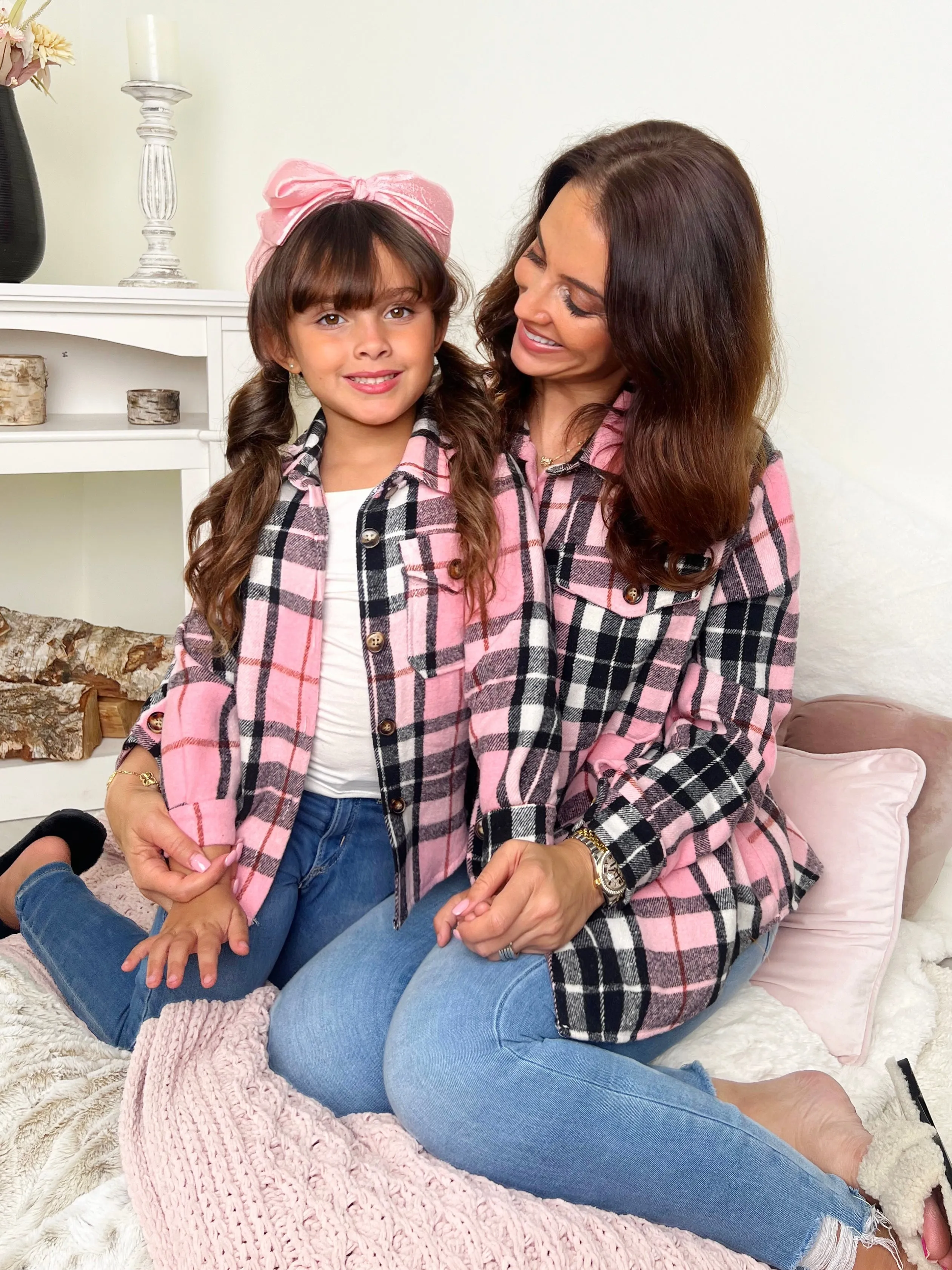 Mommy and Me Pink and Black Plaid Flannel Shacket