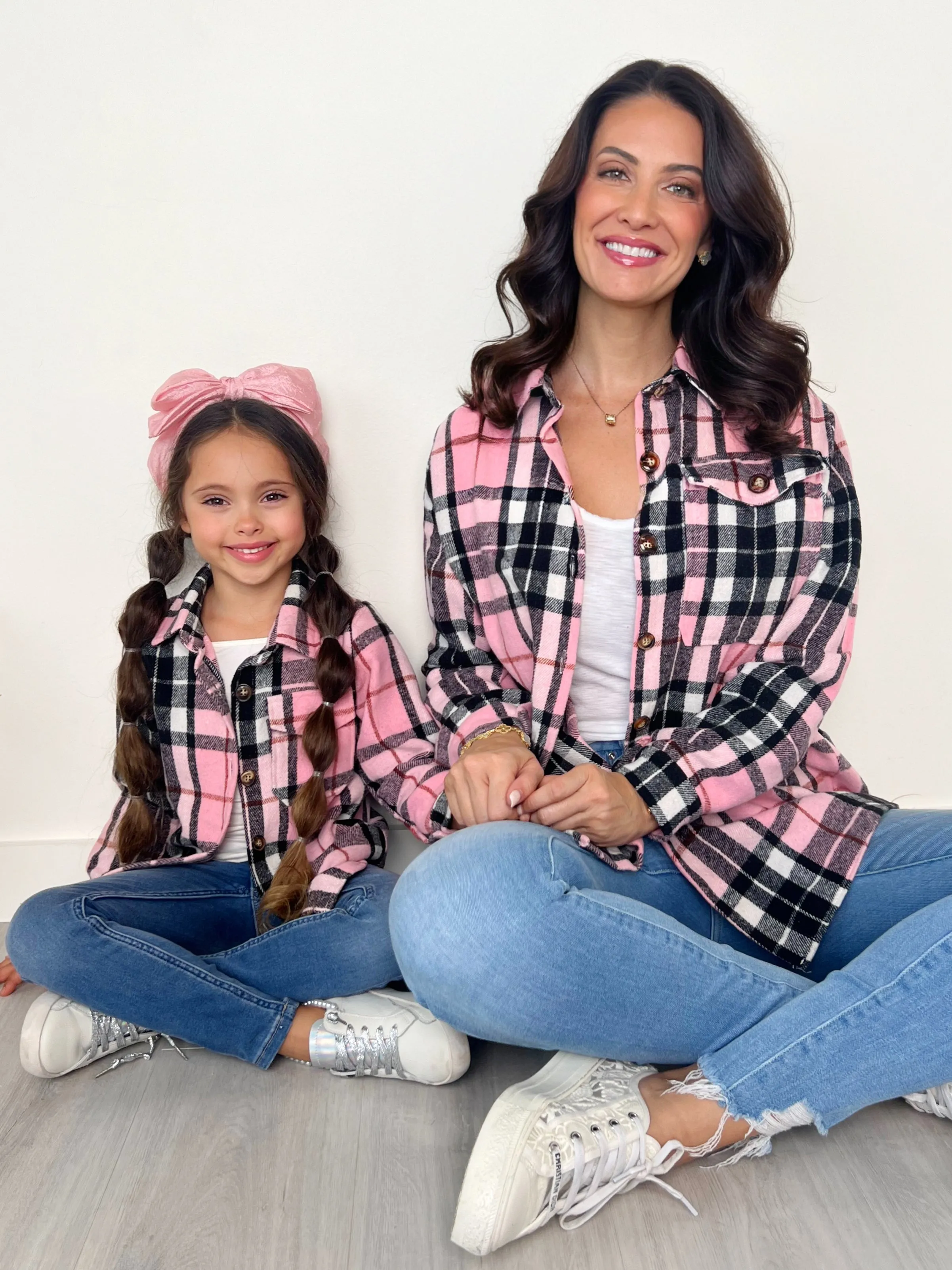 Mommy and Me Pink and Black Plaid Flannel Shacket