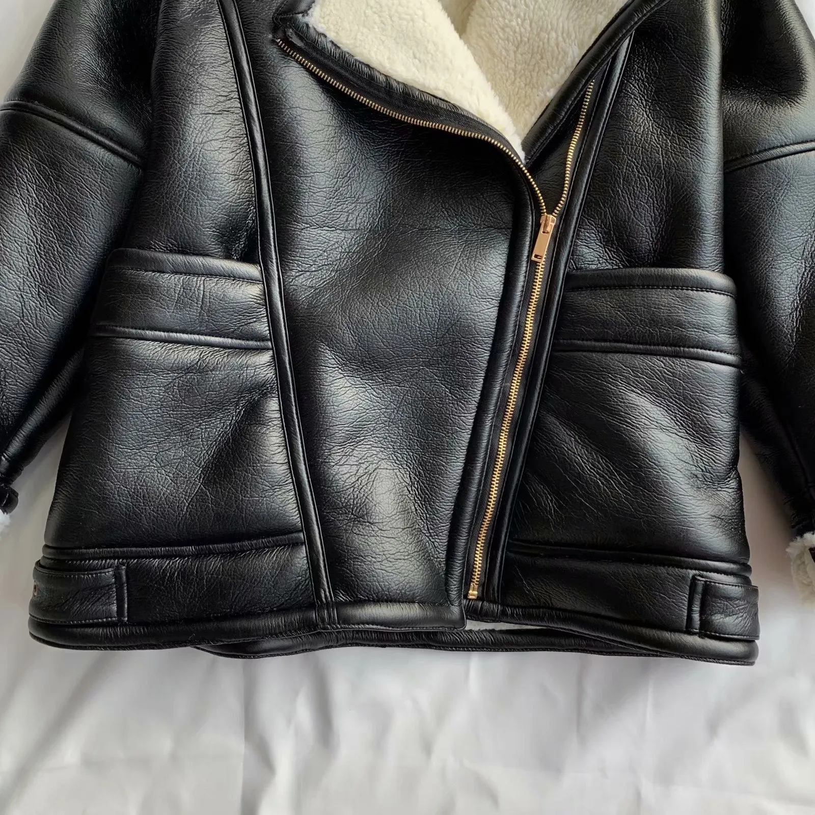 Motorcycle style lapel fur coat