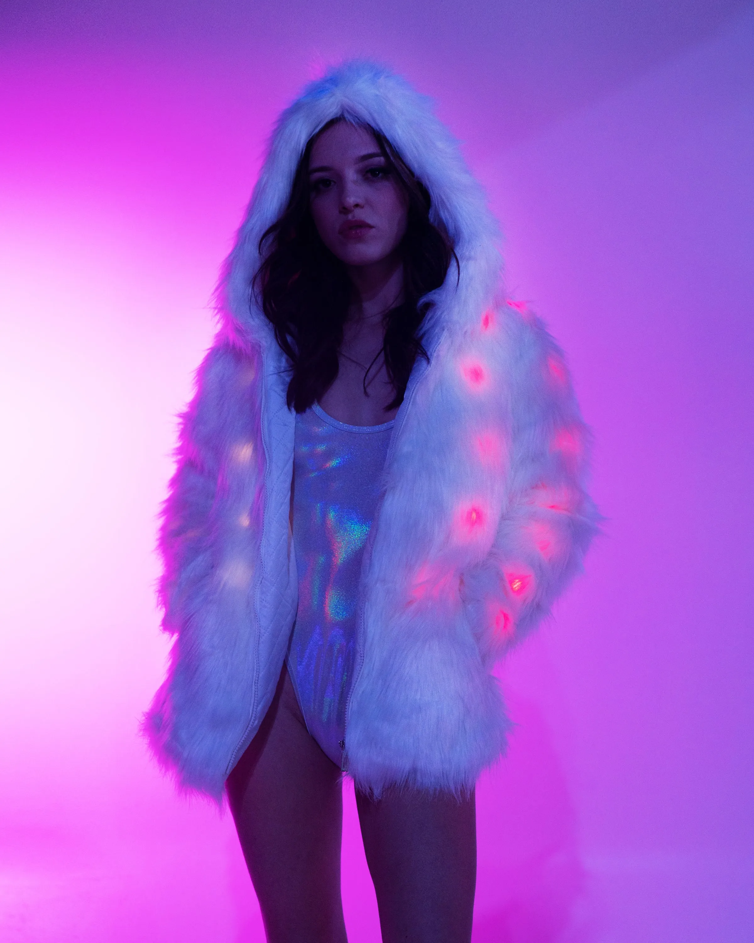 Multi-Color LED Faux Fur Hooded Coat