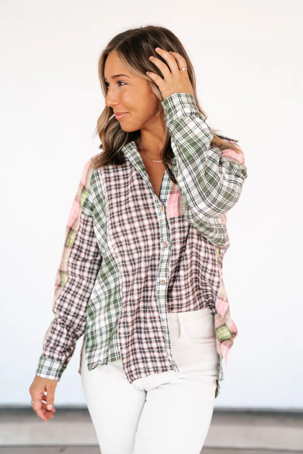 Multicolor Plaid Patchwork High Low Oversized Shirt