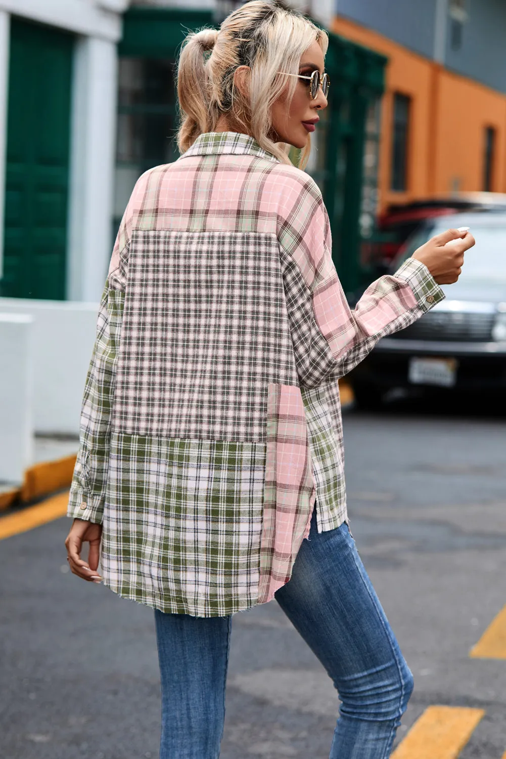 Multicolor Plaid Patchwork High Low Oversized Shirt