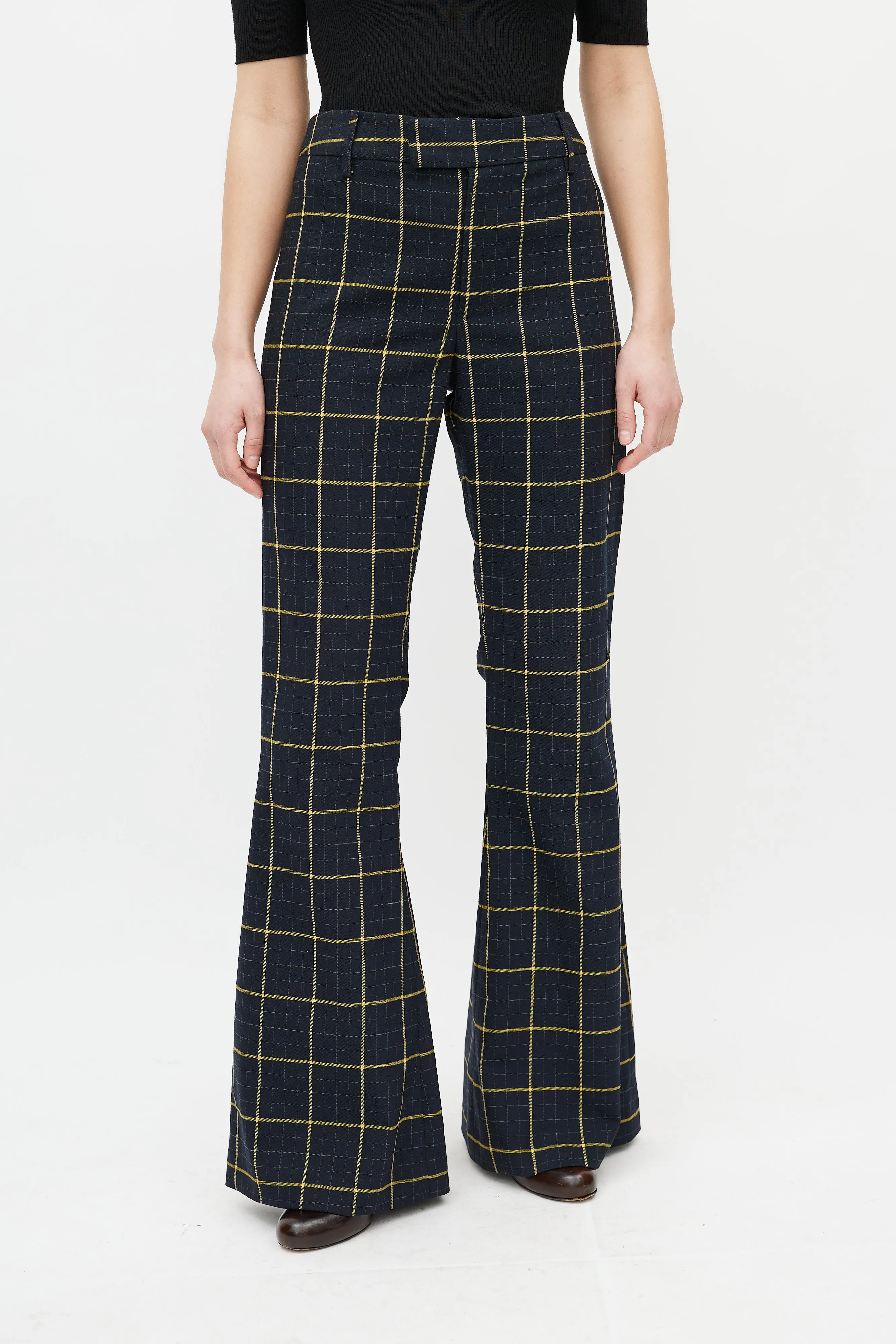 Navy & Yellow Plaid Flare Trouser