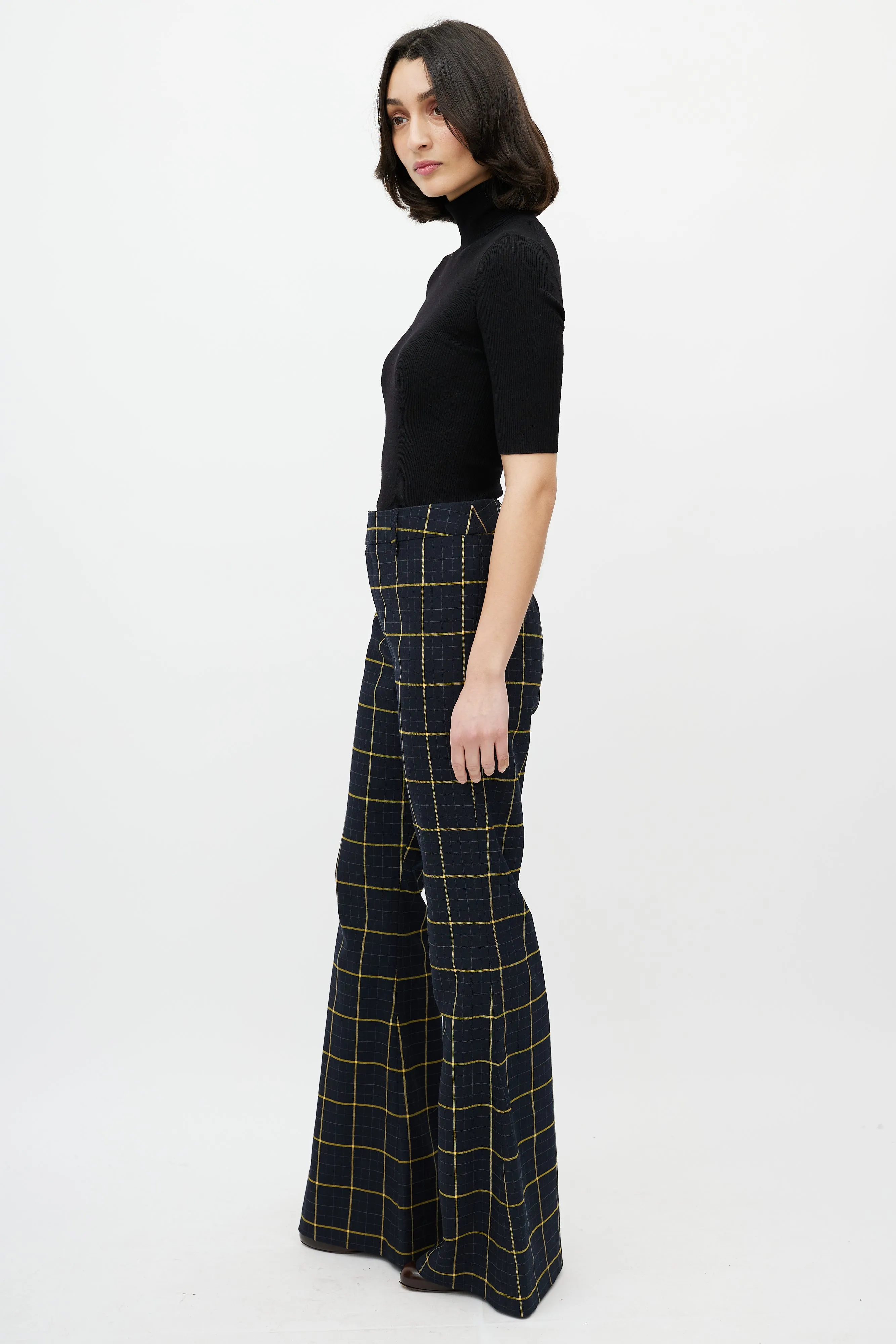 Navy & Yellow Plaid Flare Trouser