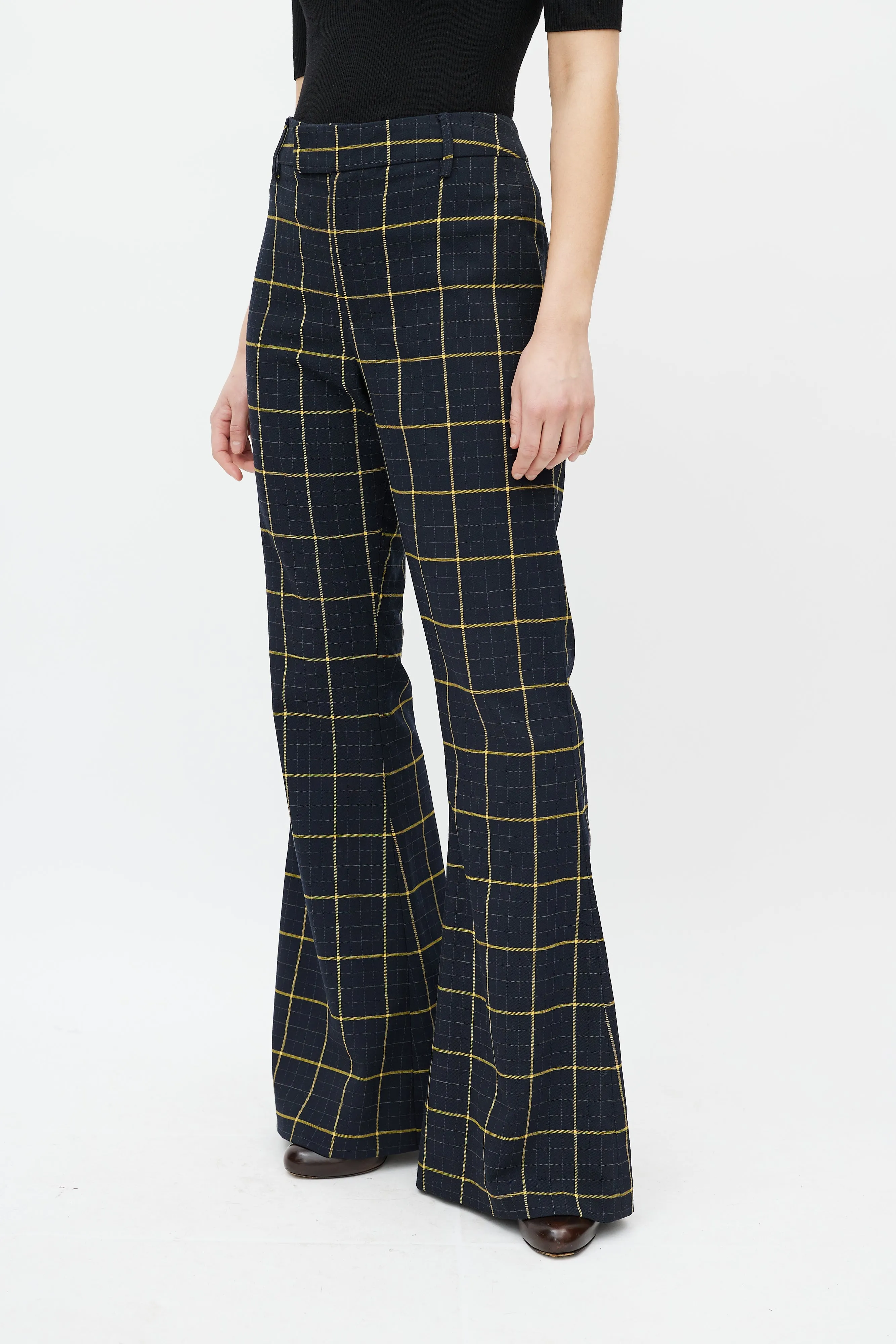 Navy & Yellow Plaid Flare Trouser