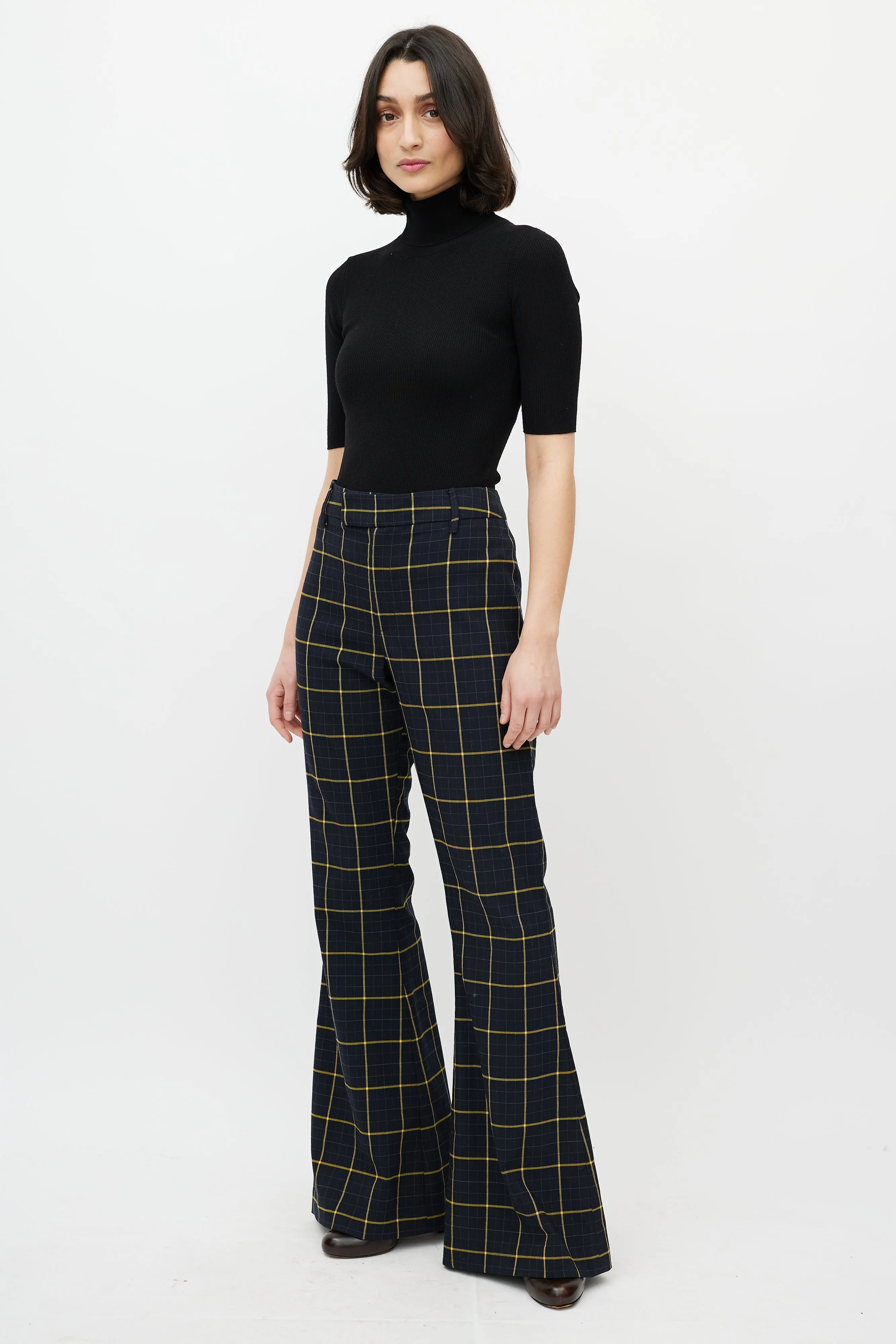 Navy & Yellow Plaid Flare Trouser