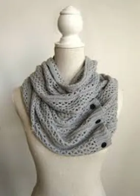 Nellie Net Infinity Scarf Boho Buttons Soft Gray Multiple Wood Button Winter Thermal Weave Scarves