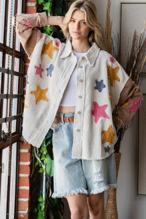 Oli & Hali Color Block Corduroy Shacket with Multi Colored Star Patches in Cream