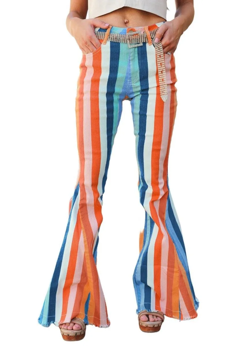 Orange Burst Multicolor Striped Fringy Bell Bottom Jeans