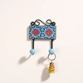 Original Blue Pottery Ceramic Tile Wall Hook Hanger (2 Peg)