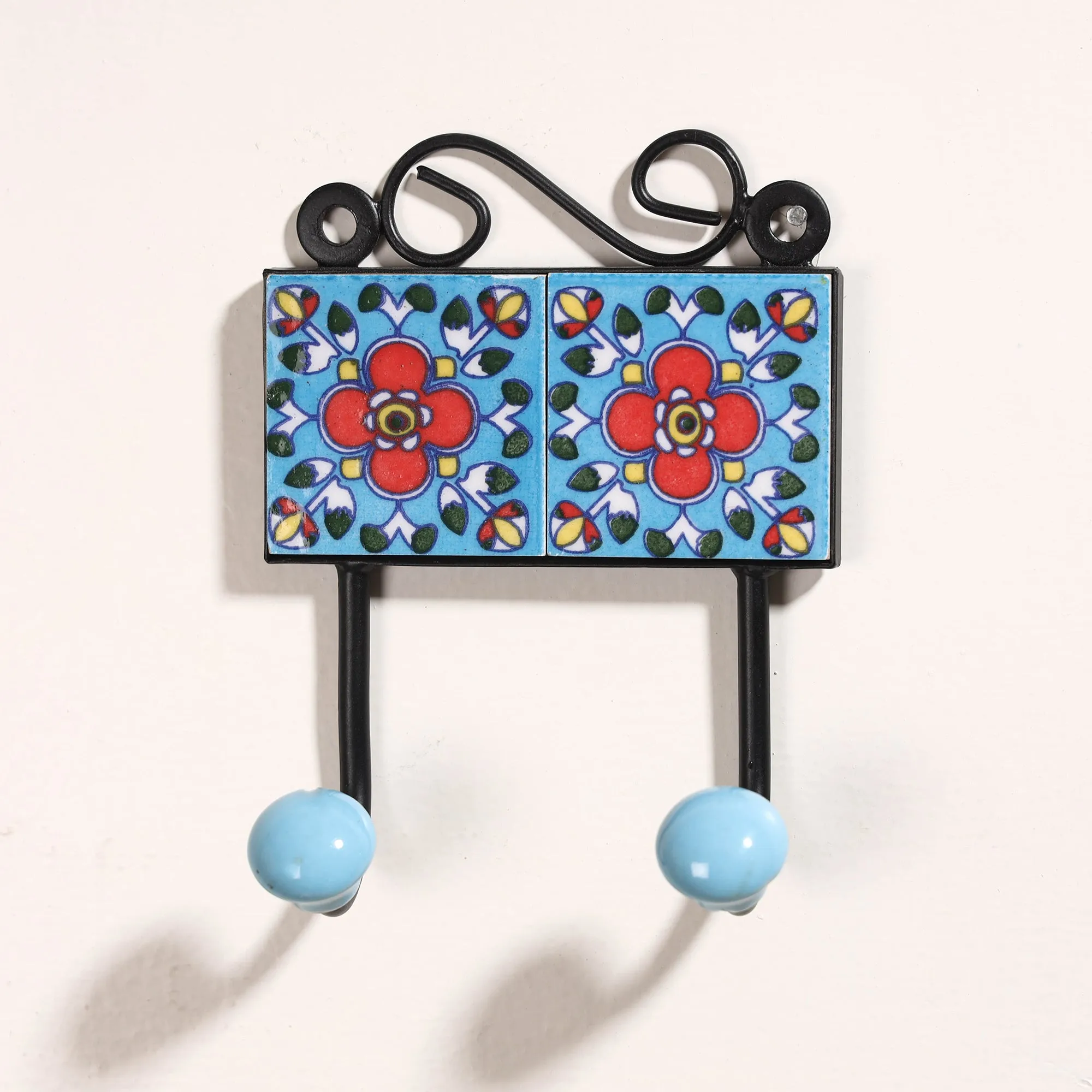 Original Blue Pottery Ceramic Tile Wall Hook Hanger (2 Peg)