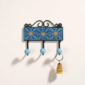 Original Blue Pottery Ceramic Tile Wall Hook Hanger (3 Peg)