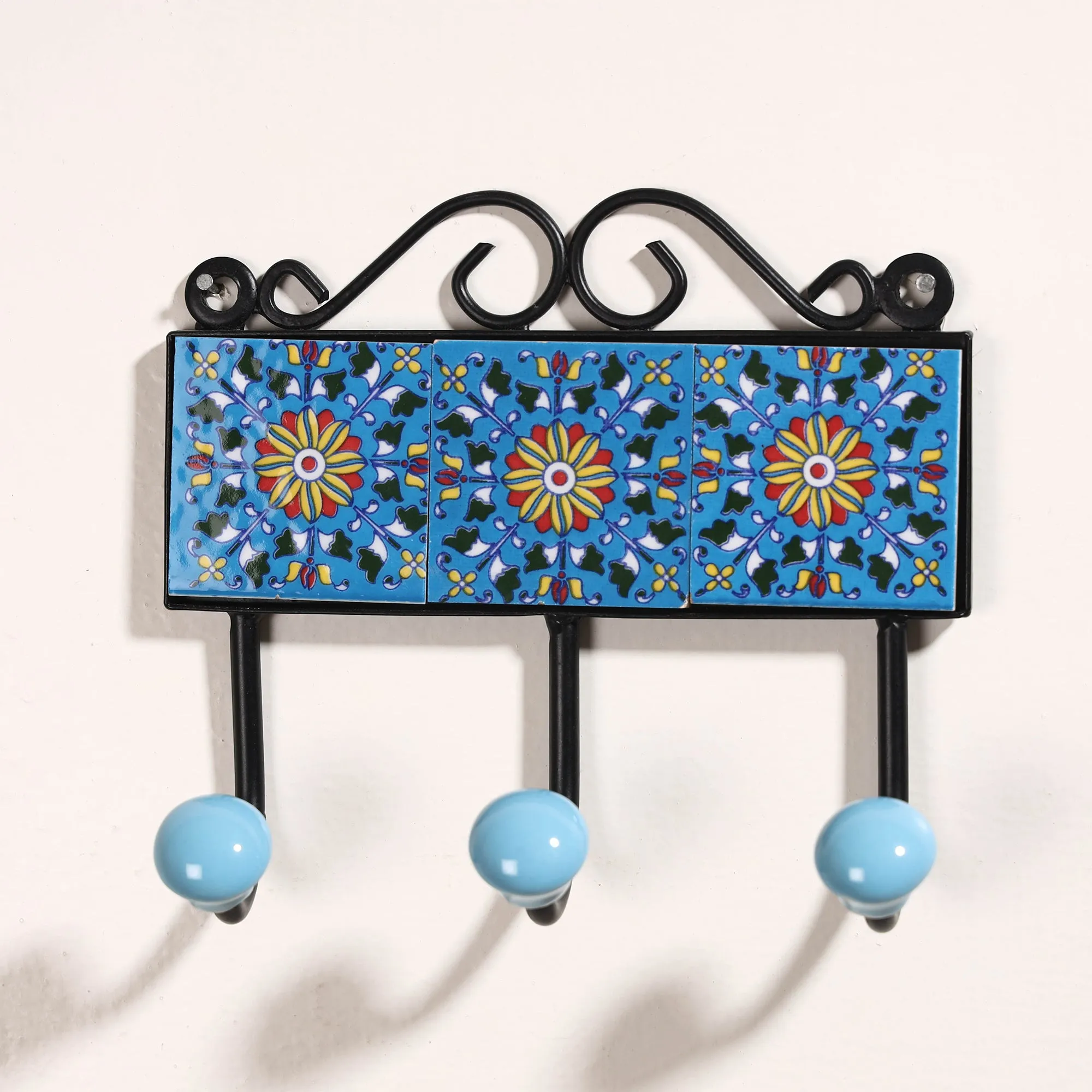 Original Blue Pottery Ceramic Tile Wall Hook Hanger (3 Peg)