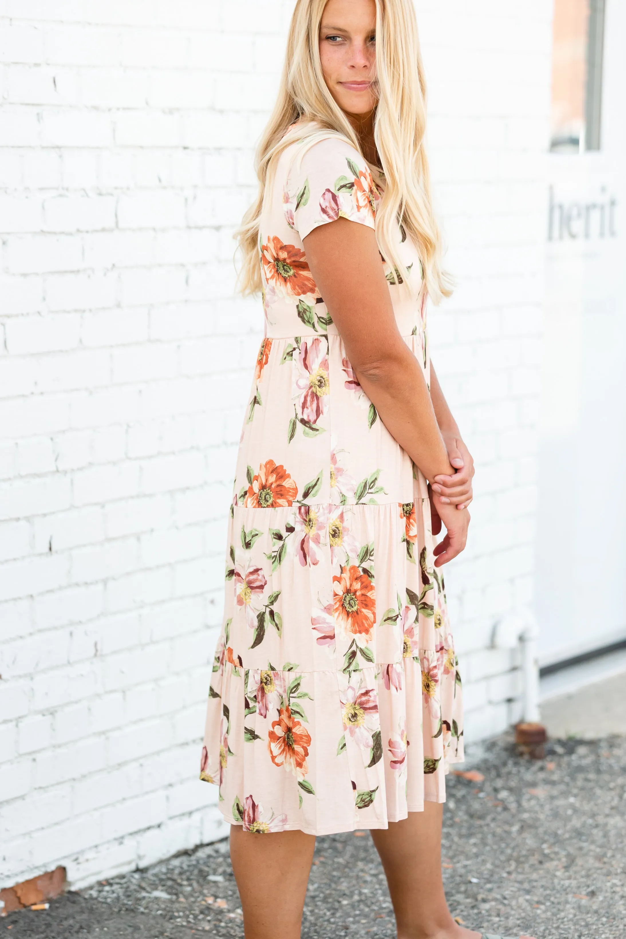 Peach Floral Tiered Midi Dress