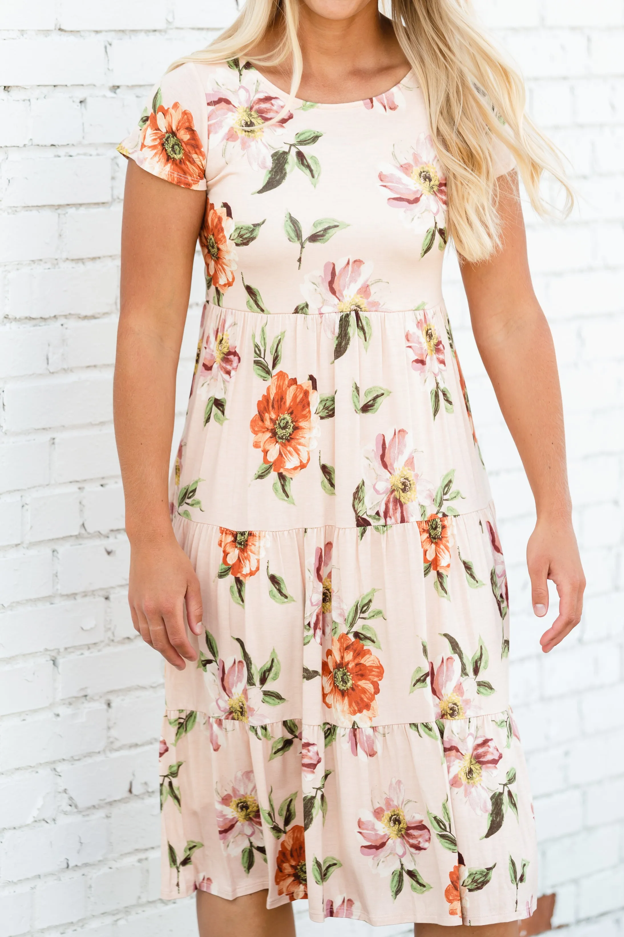 Peach Floral Tiered Midi Dress