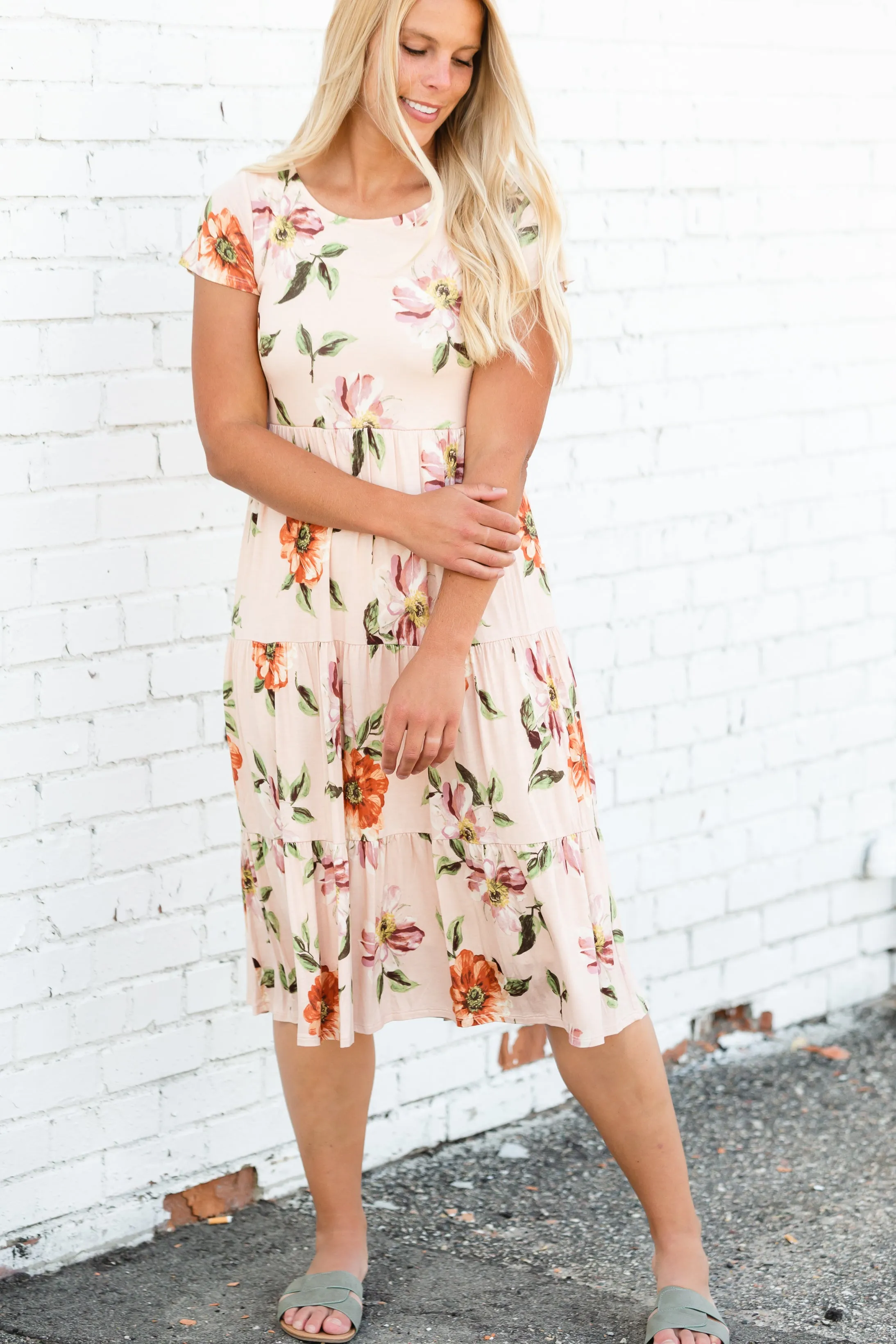 Peach Floral Tiered Midi Dress