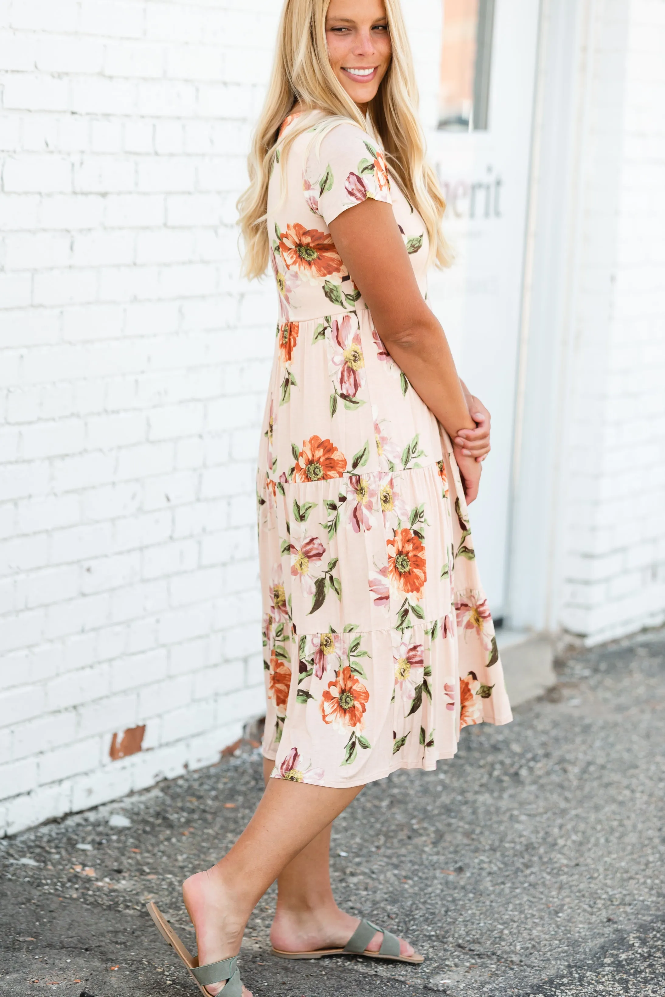 Peach Floral Tiered Midi Dress