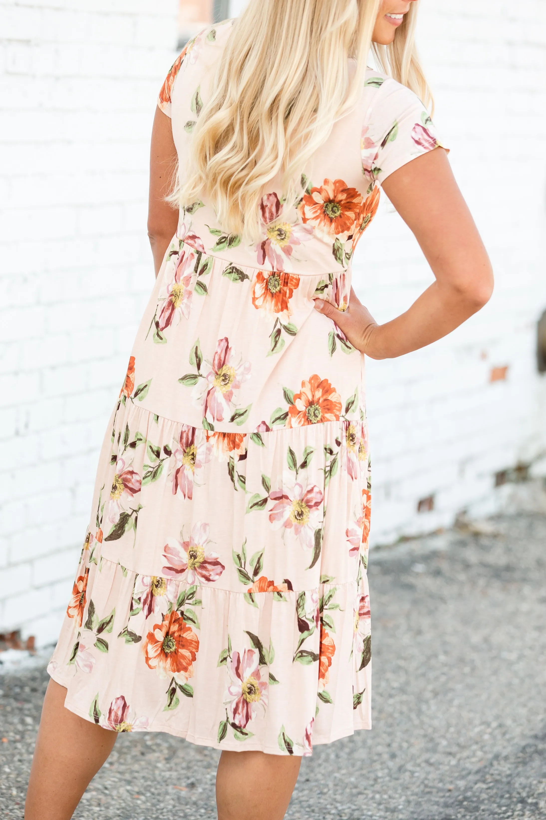 Peach Floral Tiered Midi Dress