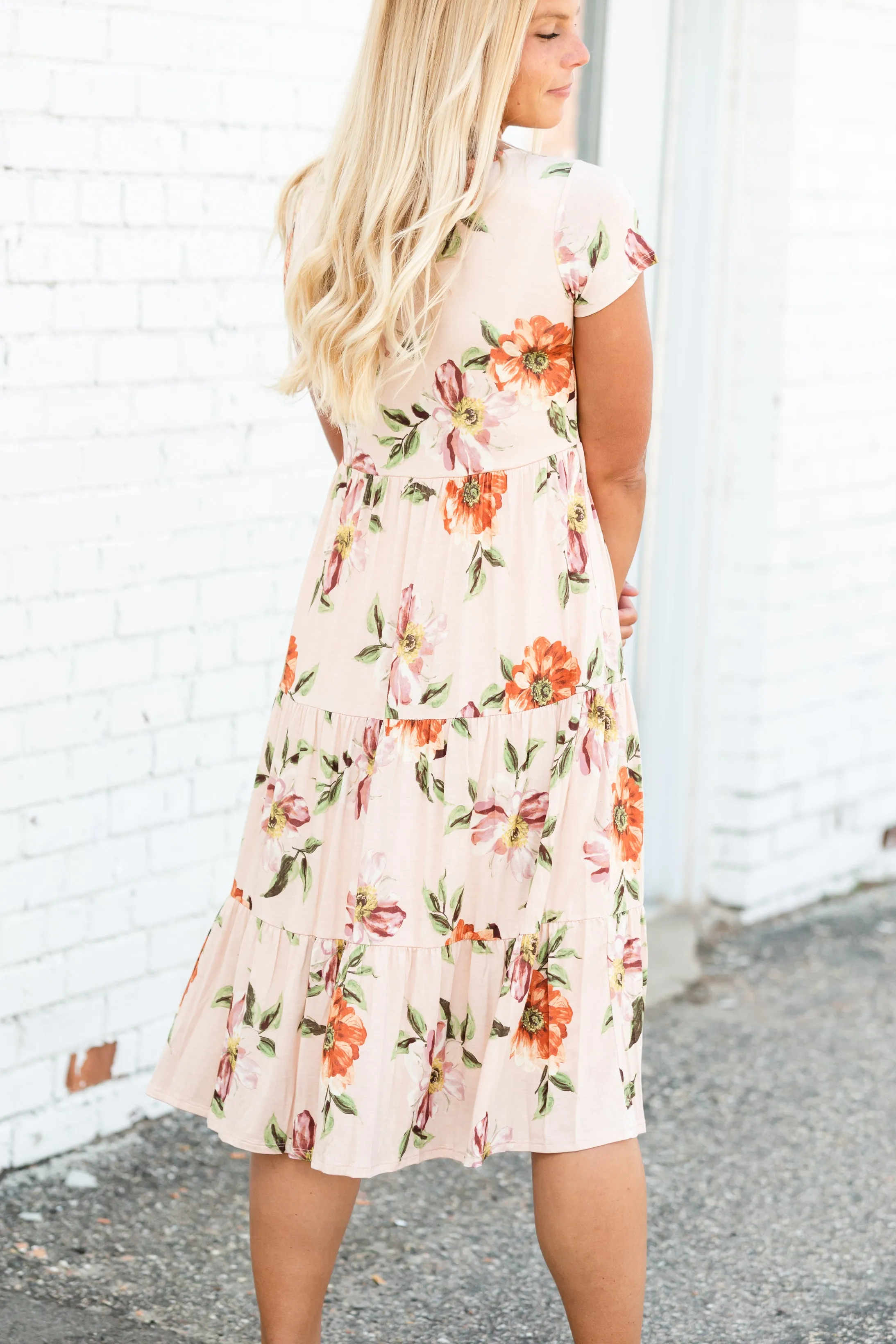 Peach Floral Tiered Midi Dress