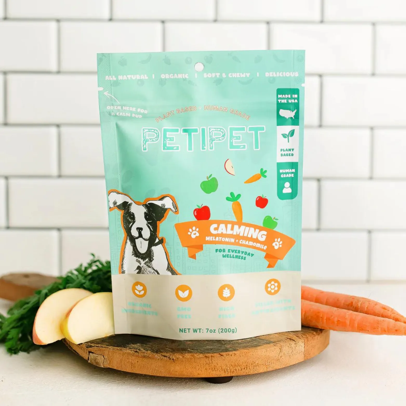 Petipet Calming Bites with Melatonin   Chamomile Apple & Carrot Flavored Soft Chew Calming Supplement for Dogs, 7-oz bag