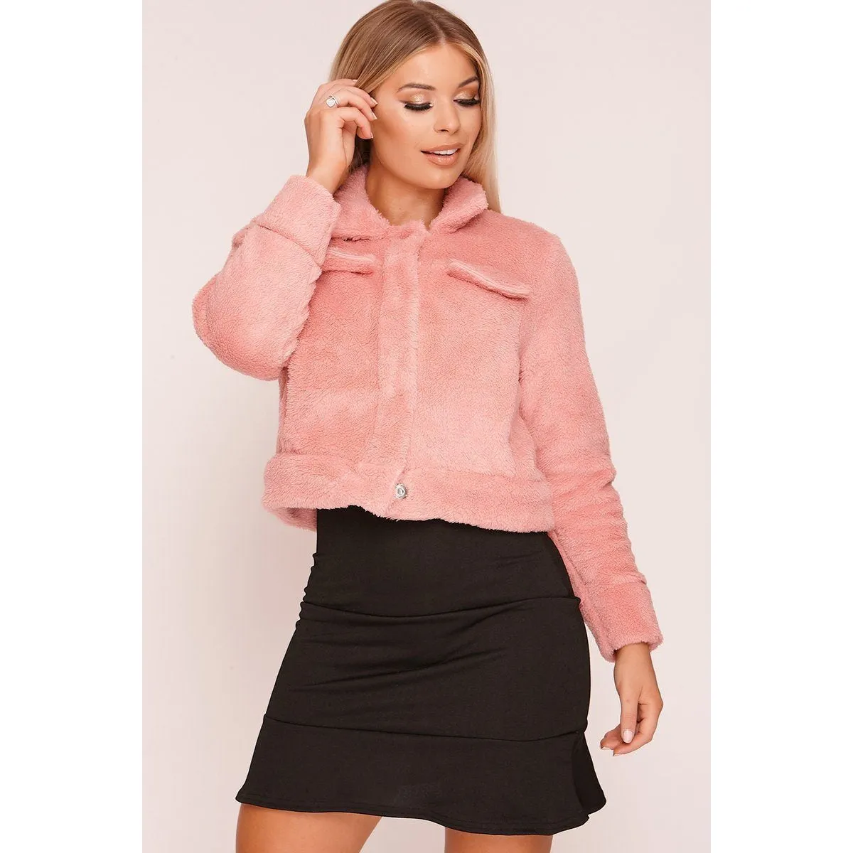 Pink Double Pocket Teddy Trucker Jacket