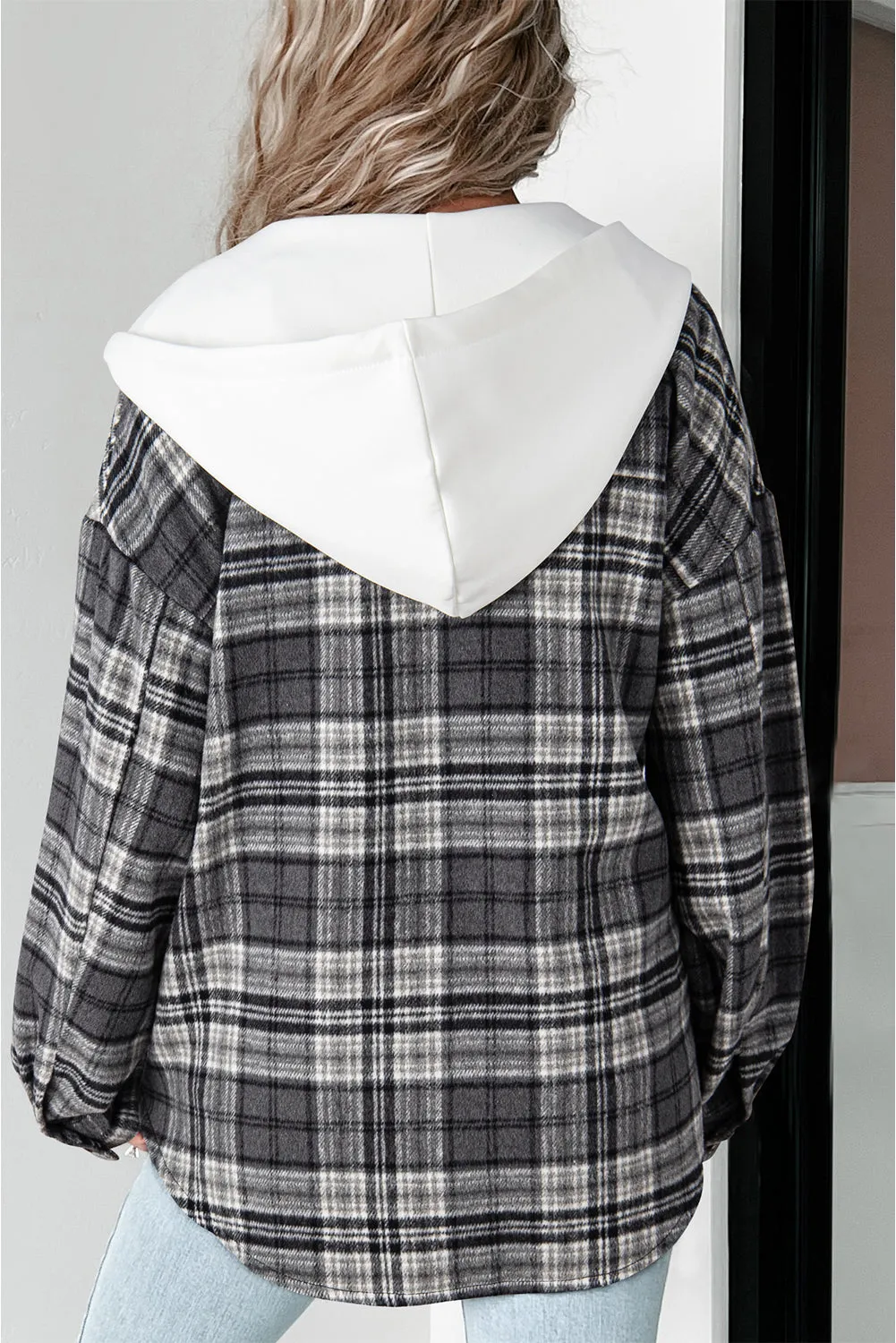 Plaid Contrast Hood Buttoned Shacket