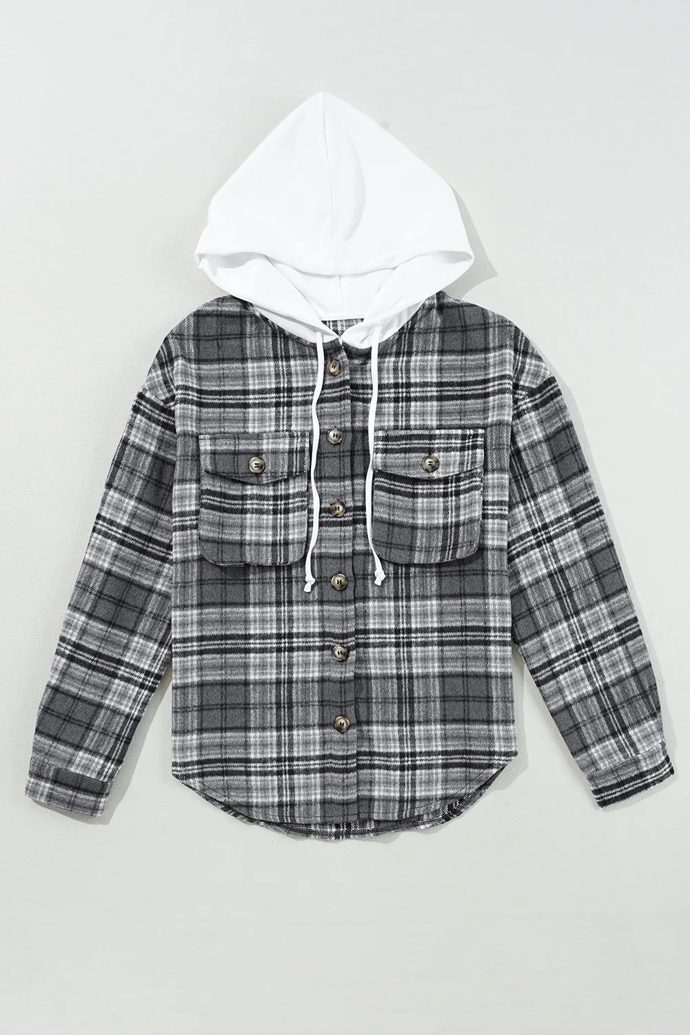 Plaid Contrast Hood Buttoned Shacket