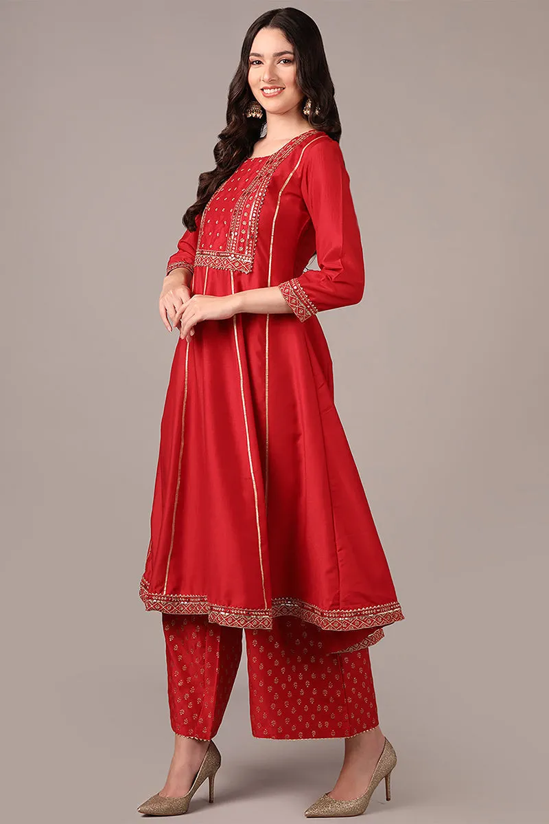 Plus Size Red Silk Blend Solid Yoke Design Anarkali Style Suit Set