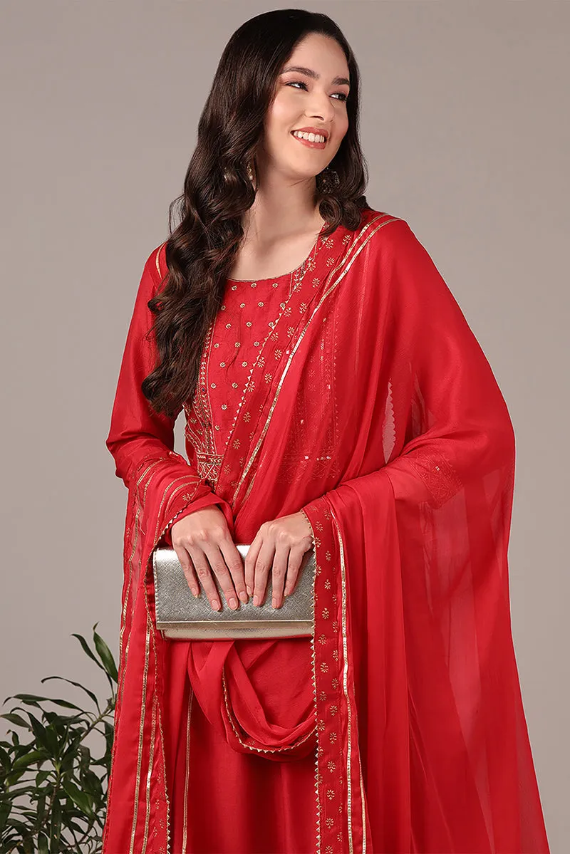 Plus Size Red Silk Blend Solid Yoke Design Anarkali Style Suit Set