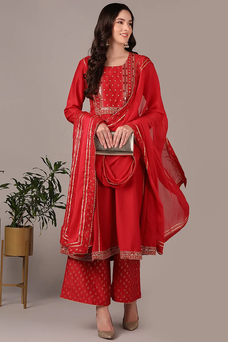 Plus Size Red Silk Blend Solid Yoke Design Anarkali Style Suit Set