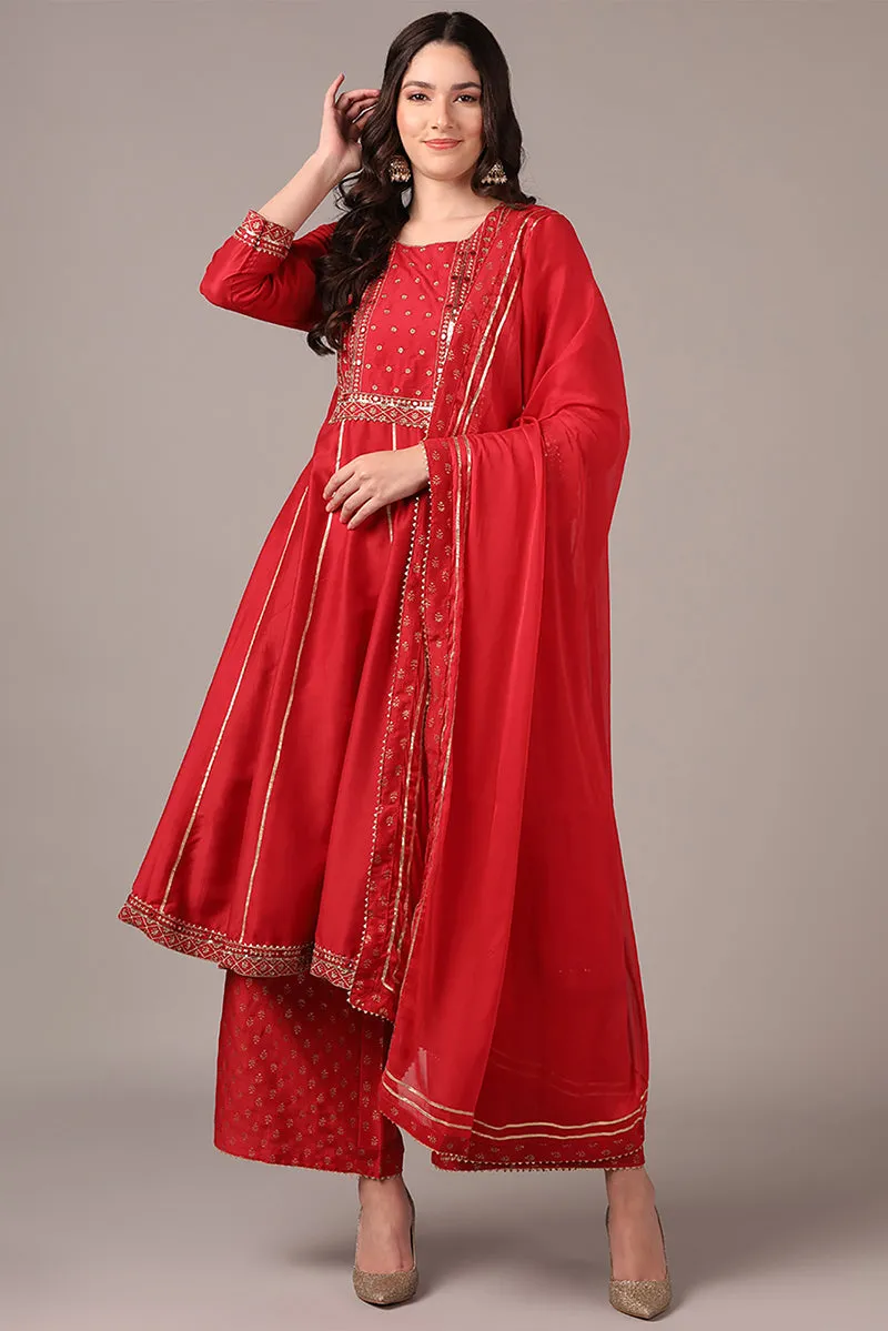 Plus Size Red Silk Blend Solid Yoke Design Anarkali Style Suit Set