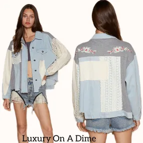 POL Denim Shacket Crochet Lace Boho Floral Embroidered Patchwork Raw Hem Jacket