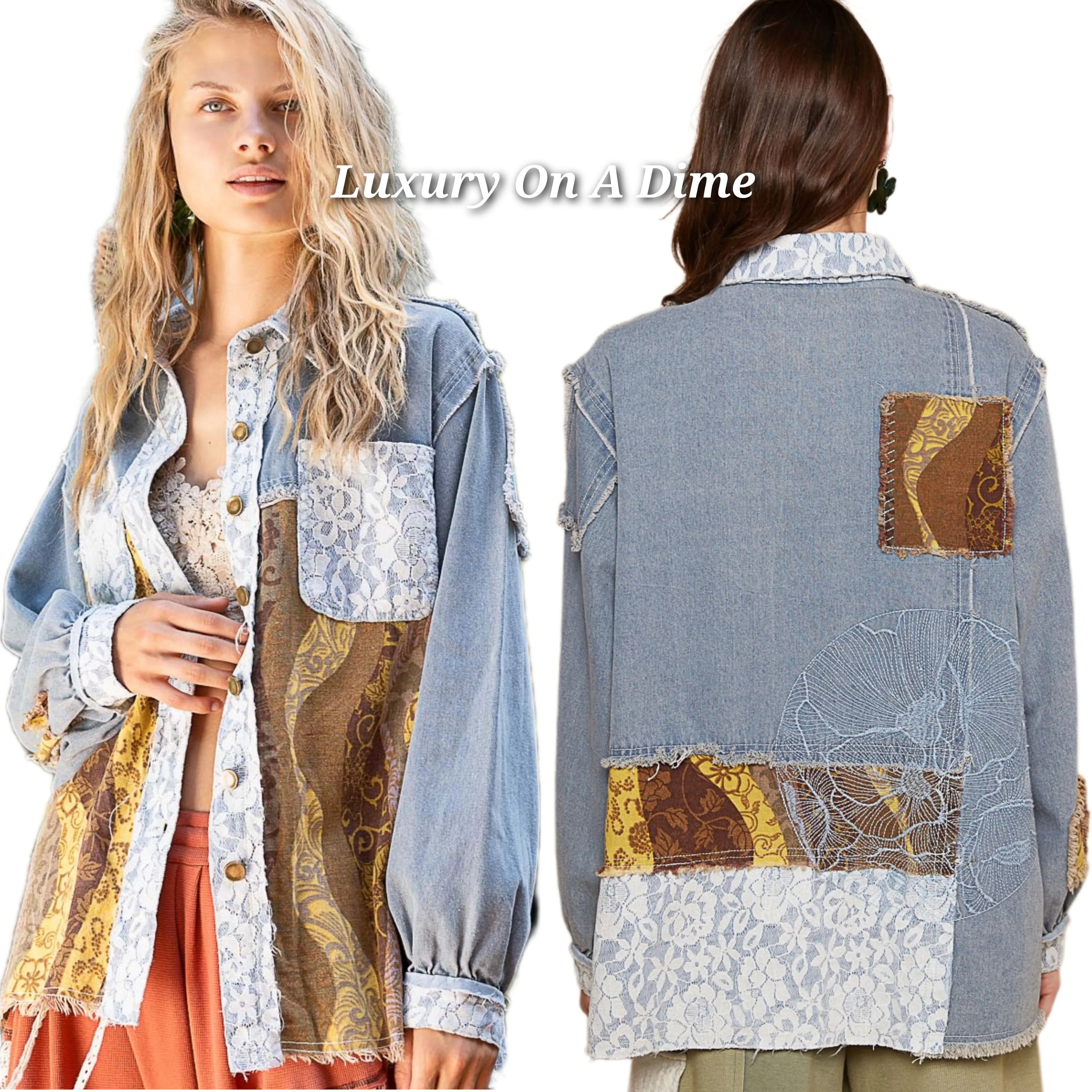 POL Denim Shacket Lace Boho Raw Twill Embroidered Floral Retro Patchwork Cotton Jacket