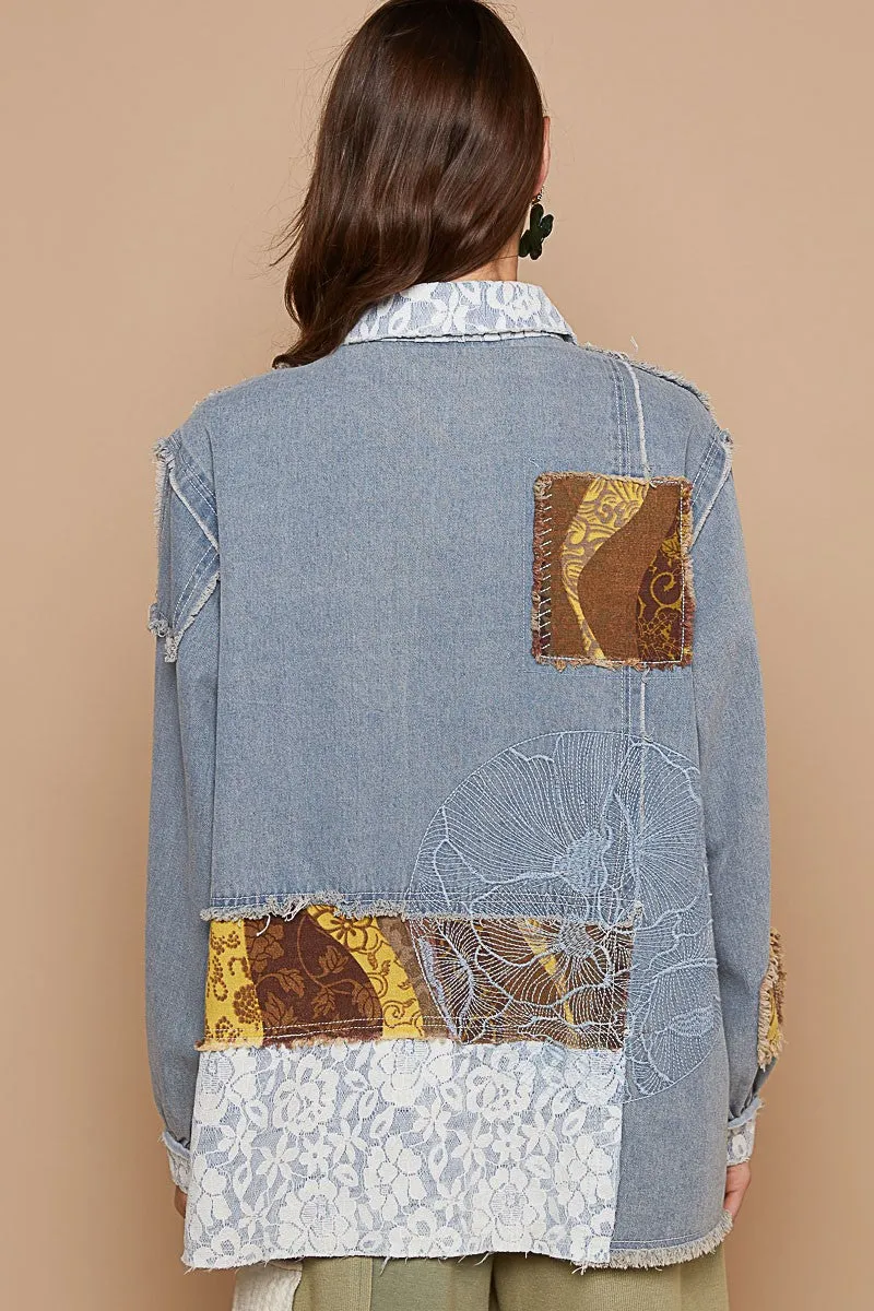 POL Denim Shacket Lace Boho Raw Twill Embroidered Floral Retro Patchwork Cotton Jacket