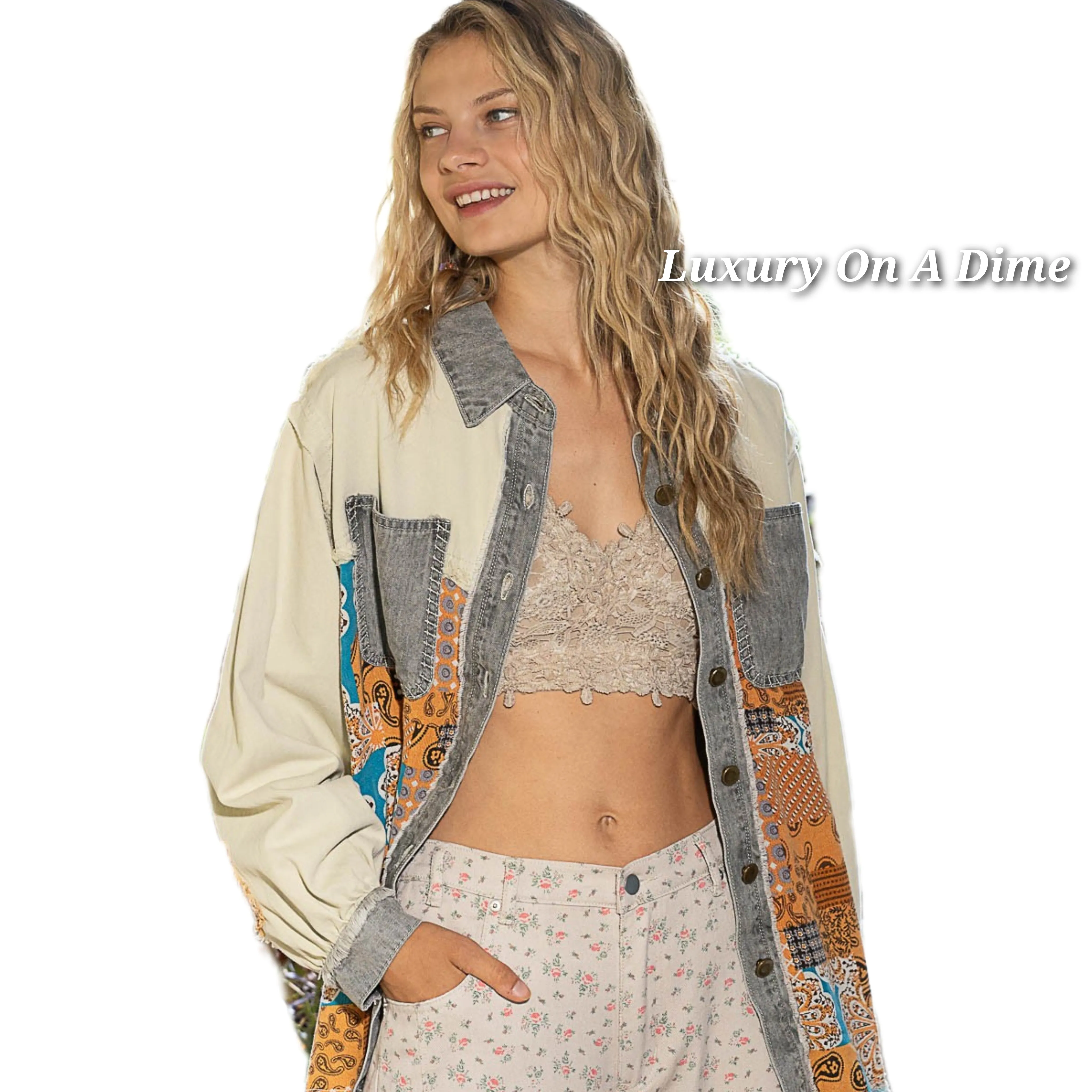 POL Patchwork Denim Pocket Shacket Boho Raw Twill Retro Floral Paisley Jacket