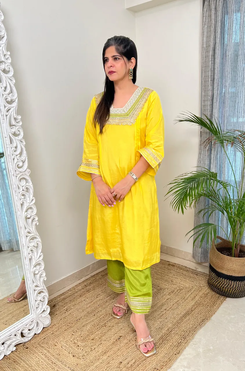 RAAS-Yellow & Green  Glass Neckline Two Piece Set