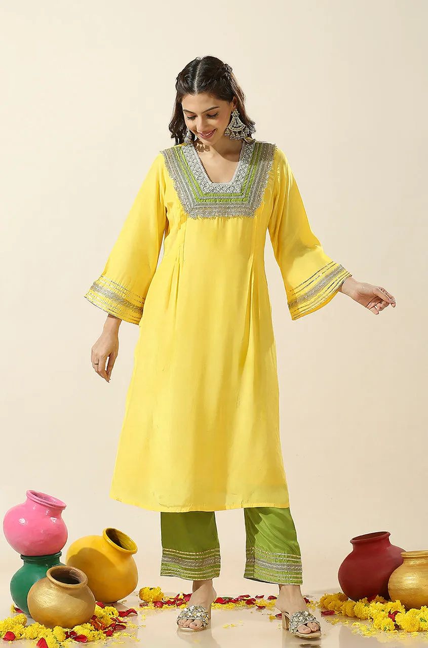 RAAS-Yellow & Green  Glass Neckline Two Piece Set