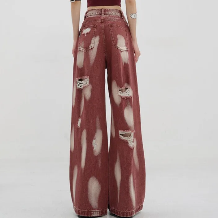 Raw Cuts Washed Paint Red Wide Grunge Jeans Pants