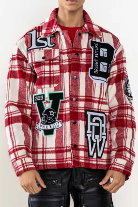 Red Muti Patches Wool Check Padding Shacket